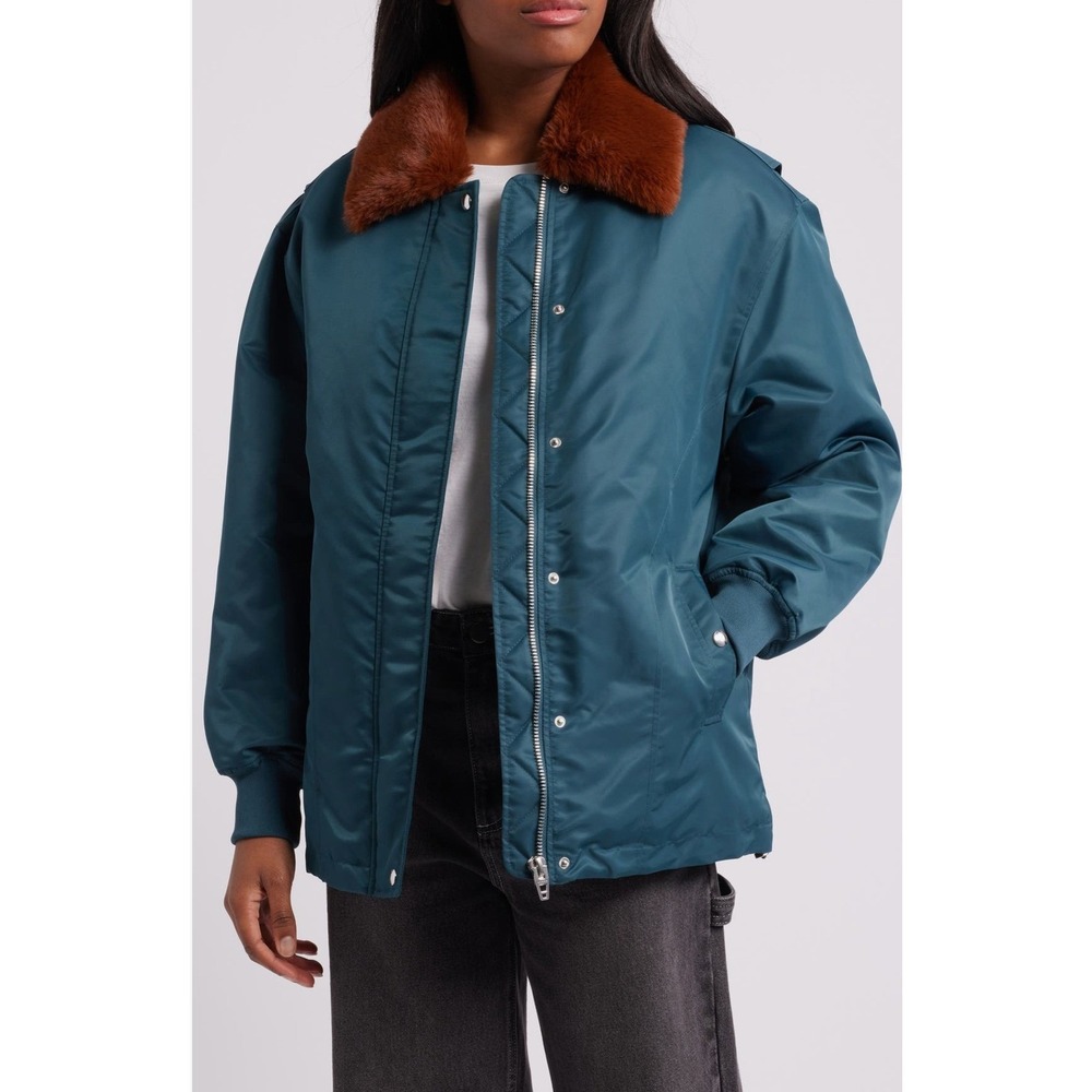 Blank NYC Faux Fur Collar Teal Blue Bomber‎ Jacket Full Zip Snap Medium NWT